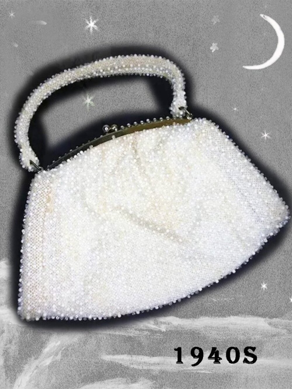 White Beaded Handbag With Clear Beads, Top Handle Purse 40s Vintage